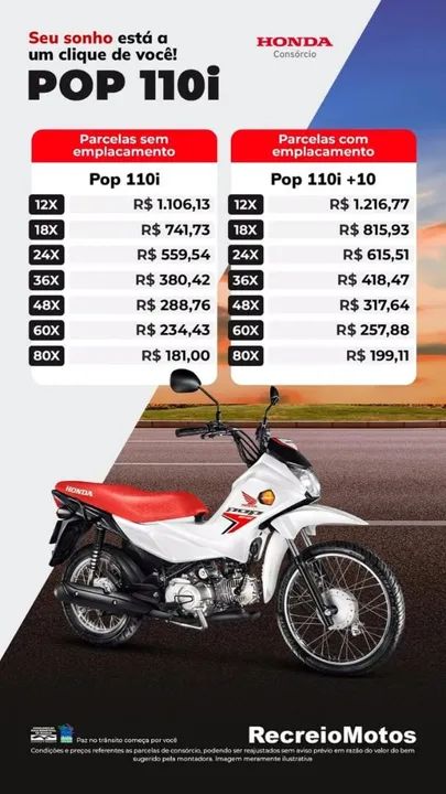 Consórcio Honda PoP 110I 0KM - Frete grátis até 30/12/24