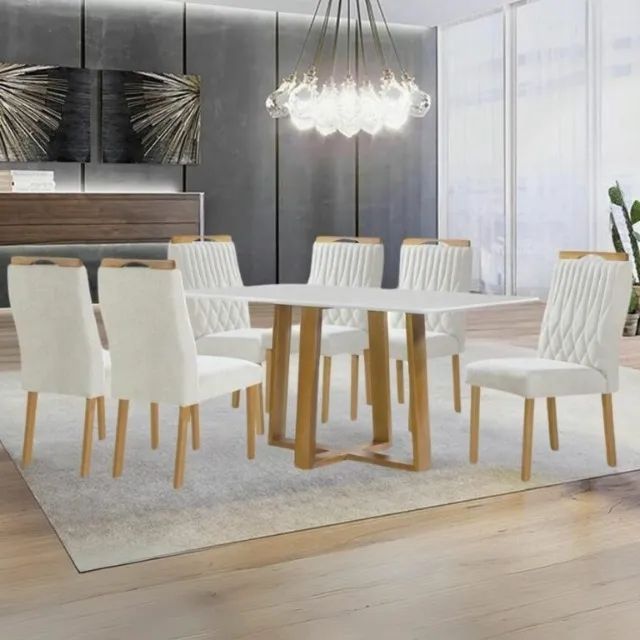 Mesa Pedro 160 Mel/Off White com 6 Cadeiras Gênova Veludo Preto - Foto 2