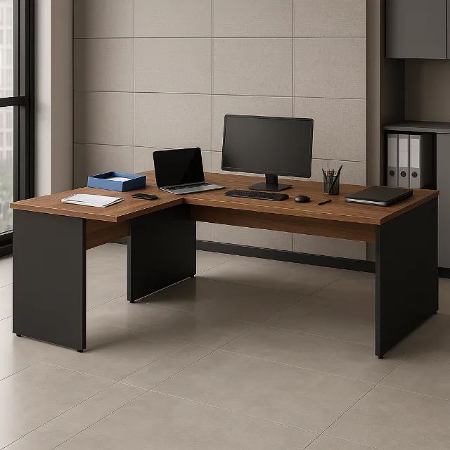 Mesa Escritório em L 1,70m + Mesa Auxiliar Sem Gavetas Nogal Sevilha Preto Modelo 21478 - Foto 4