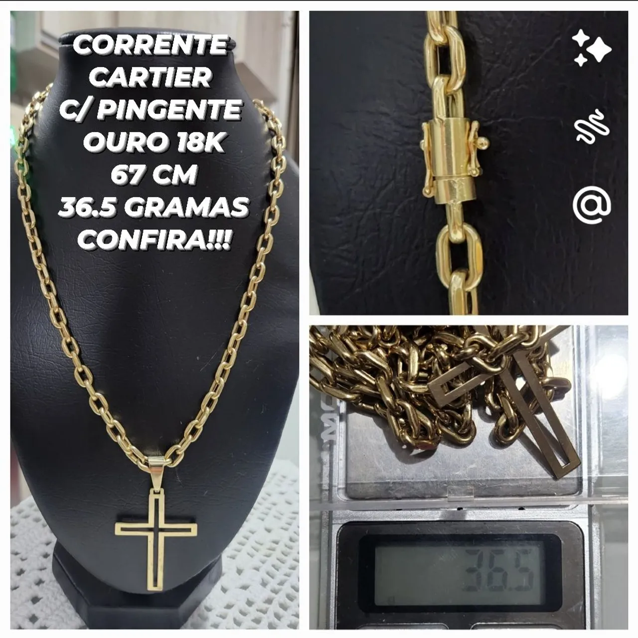 Corrente Cartier Ouro 18K C/ Pingente Cruz 36.5g