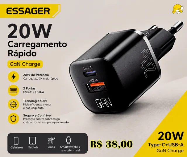 Cabos de Carregamento Essager Original  e Carregador Iphone e Android e Cabos P2 Entre Out