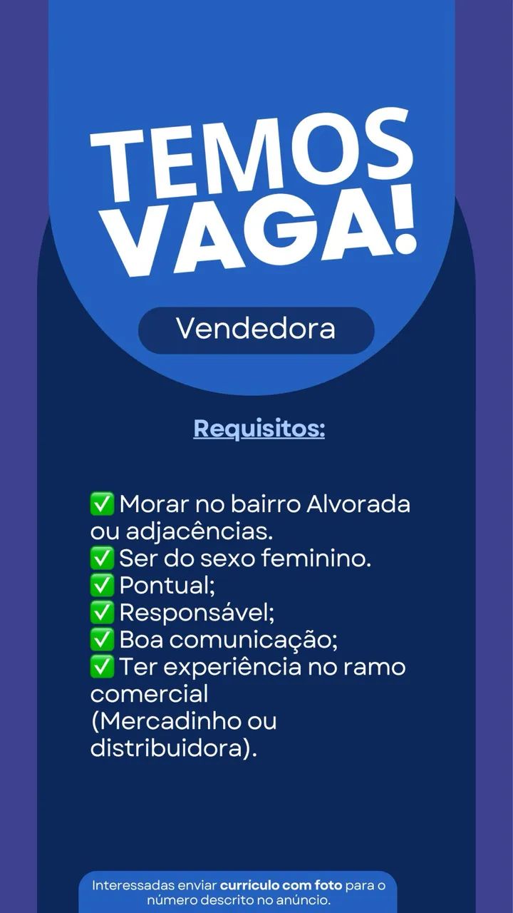 Vaga p/ vendedora BV/RR