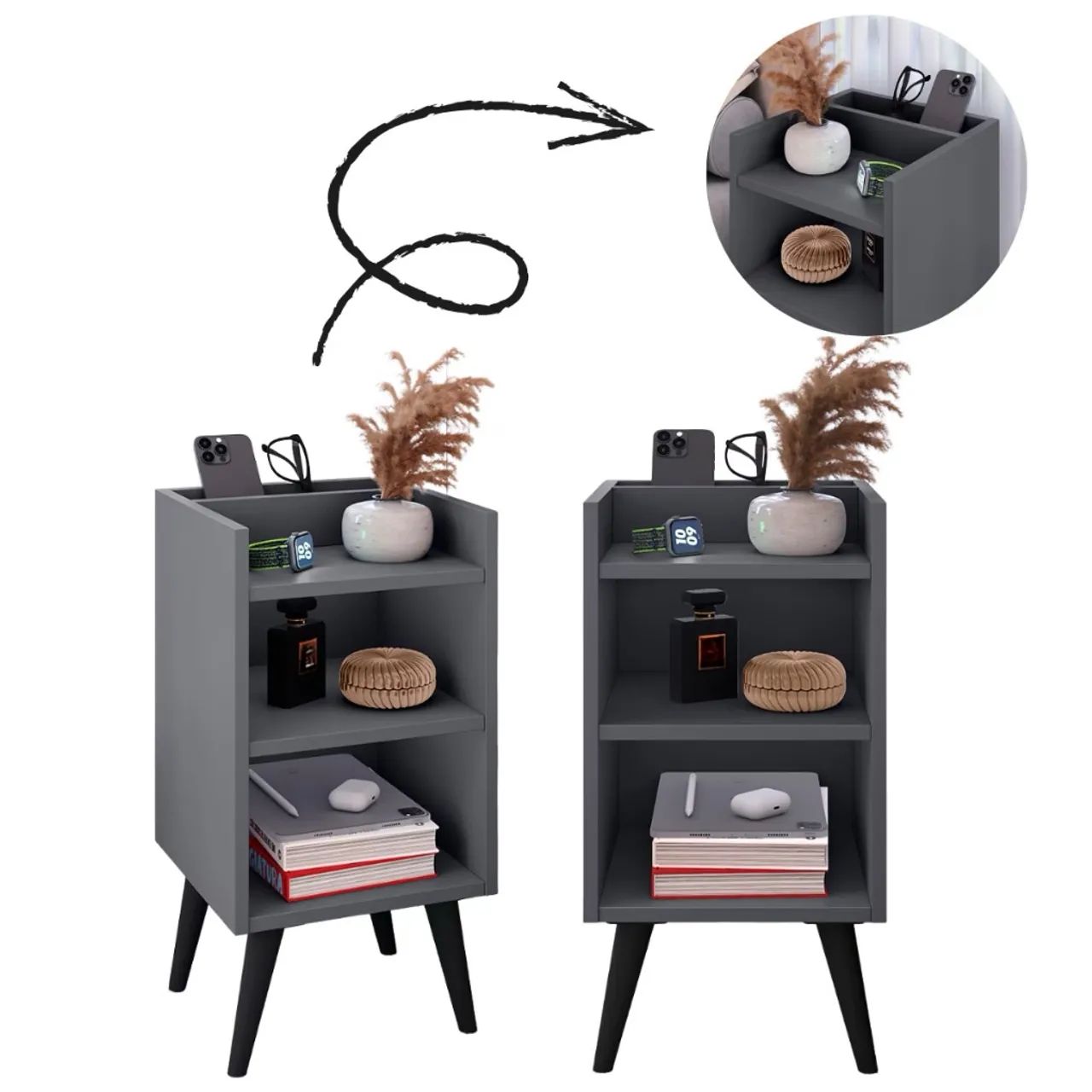 Kit com 2 Mesas de Cabeceira com porta celular - Compacta, Moderna e Funcional  - Foto 4