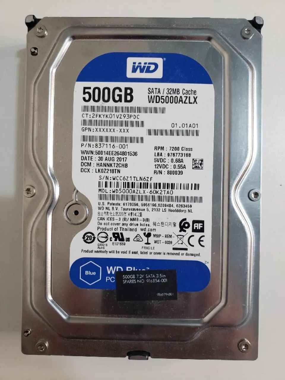 HD Western Digital WD Blue 500GB 7200RPM 32MB Cache 3.5" SATA III - Testado e Funcionando