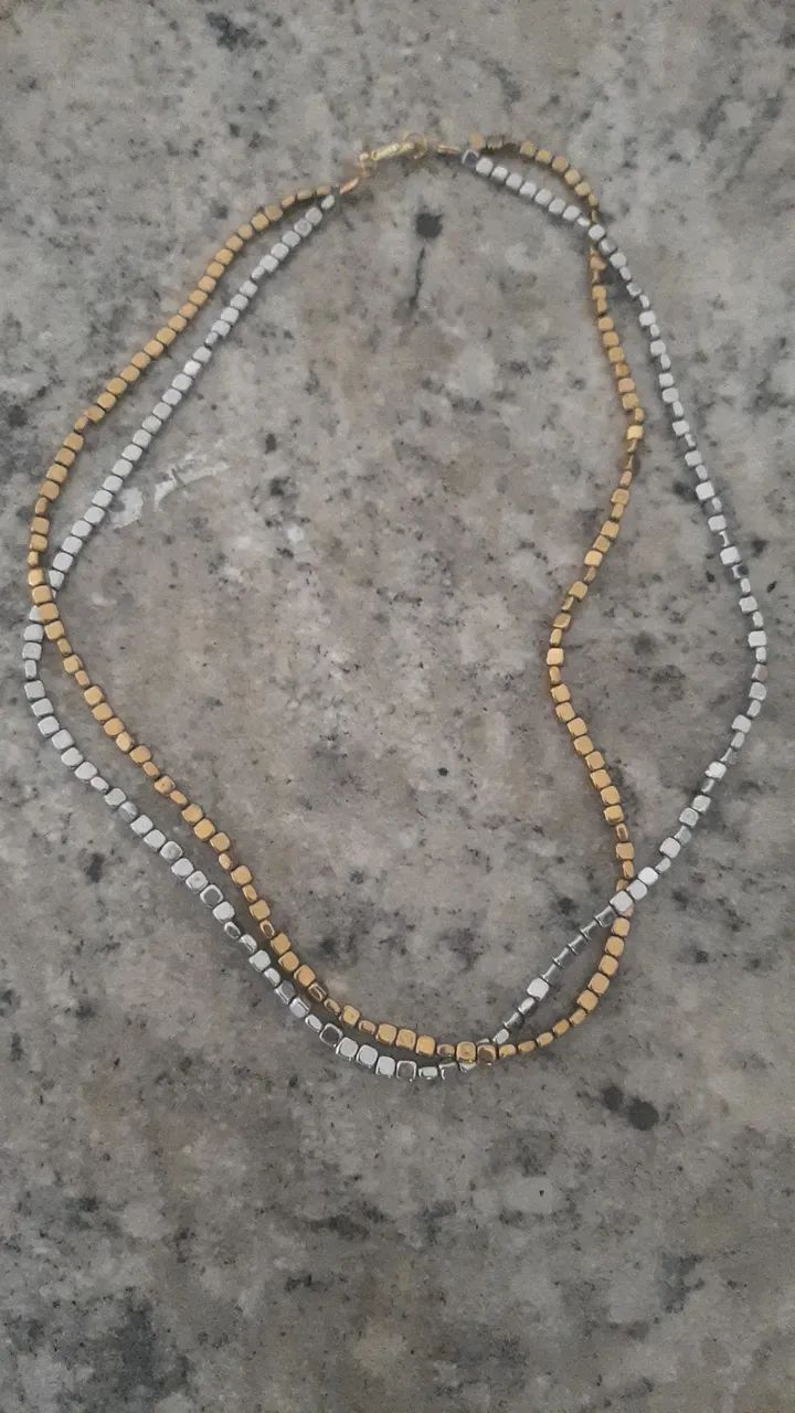 Semijoia colar duplo Ematita Prata Dourado