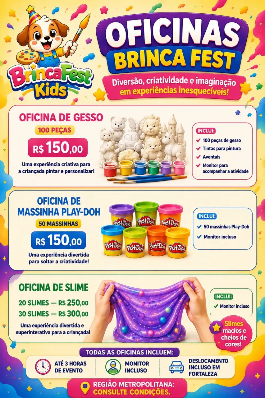 Oficinas de gesso, oficinas de massinha e oficinas de Slime 