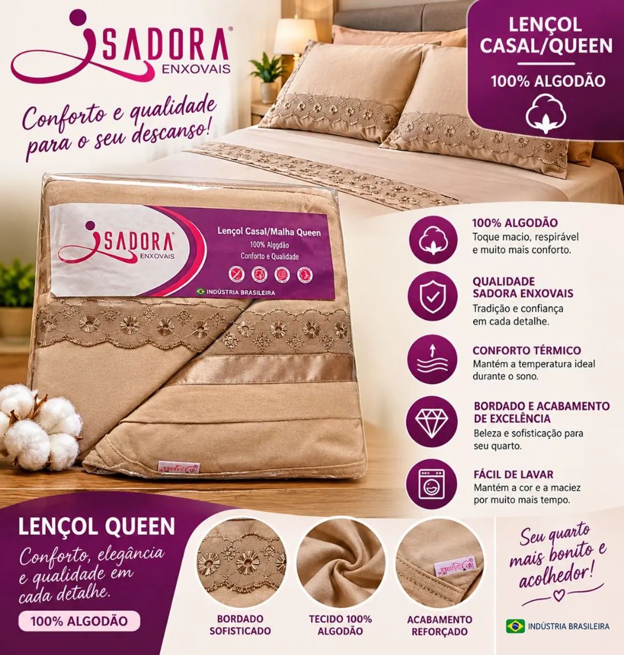 Lençol Queen 100% algodão