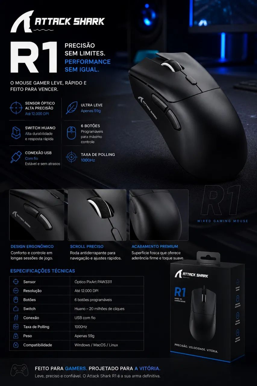 Mouse Sem Fio Attack Shark R1 - Foto 4