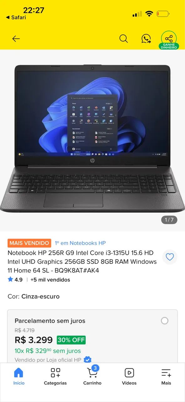 Notebook HP Intel Core i3 8GB 256GB SSD 15,6?
