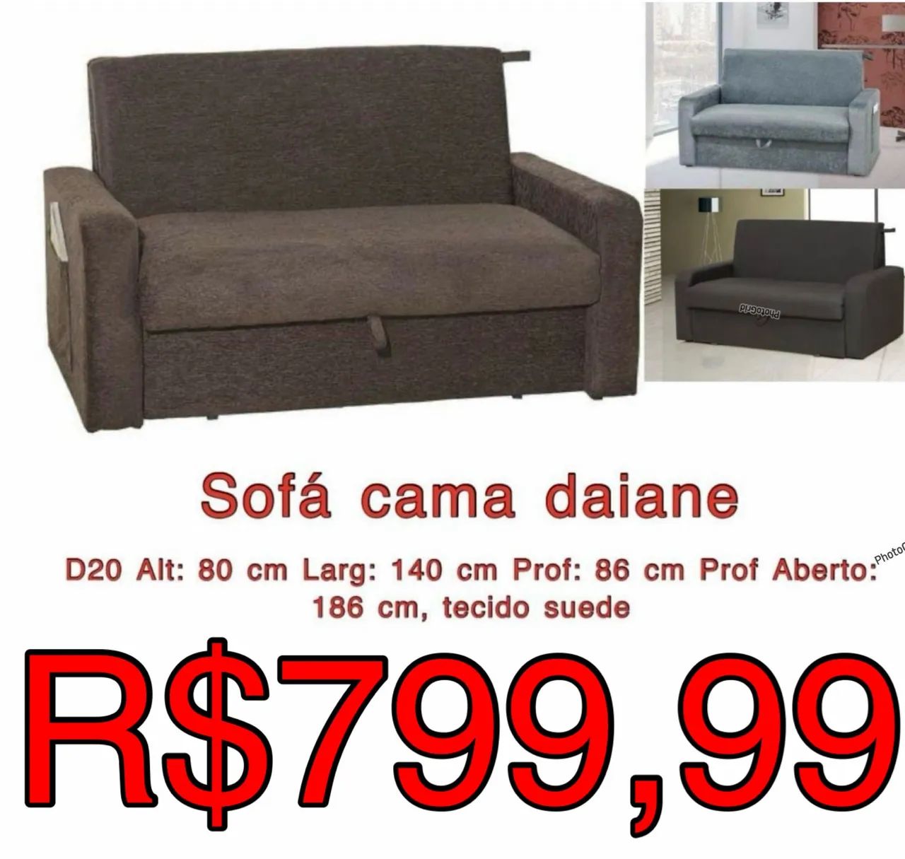 Sofá cama Daiane Suede com baú / 3 cores / frete grátis / pague na entrega 