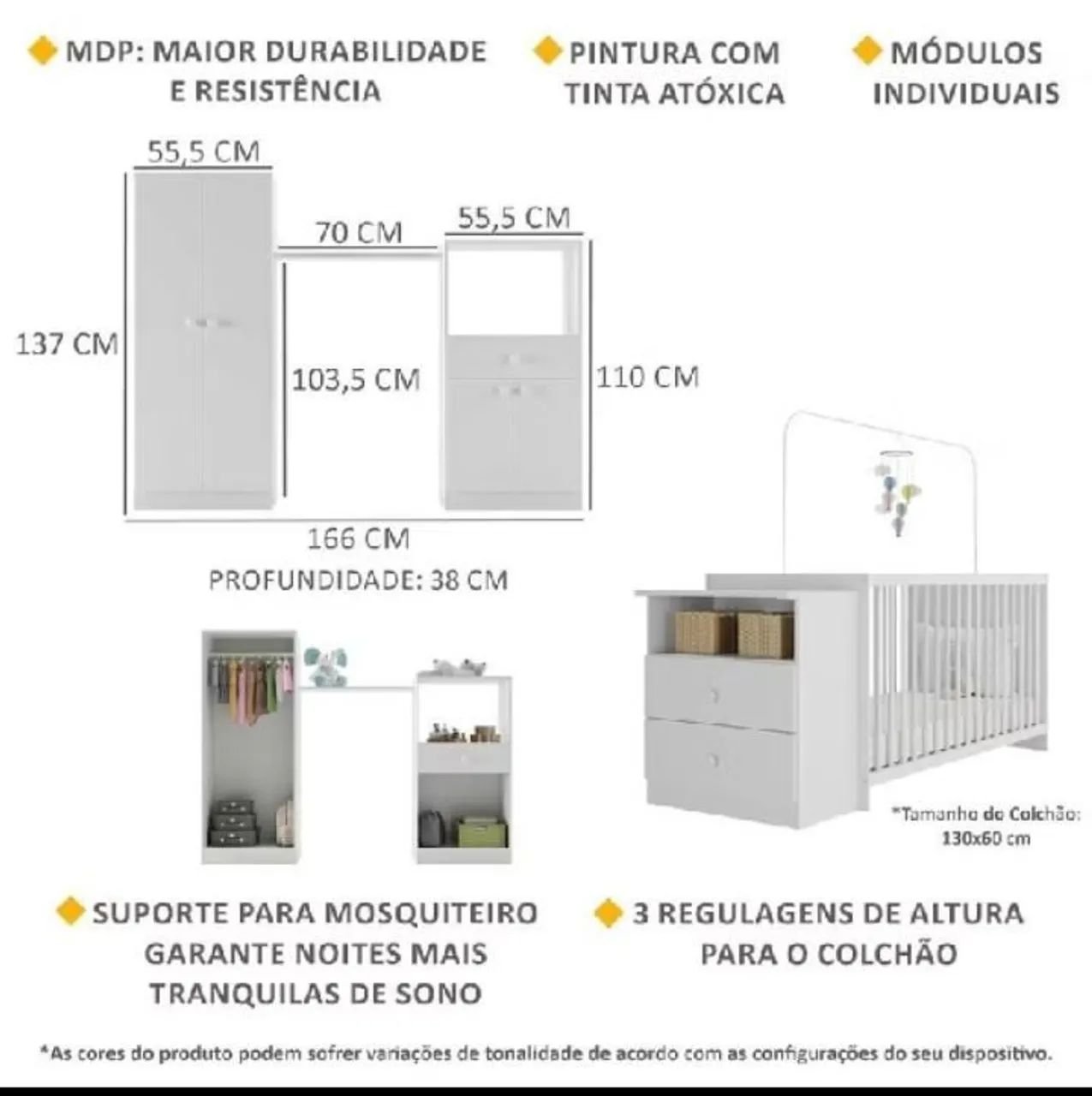 Quarto de Bebe Completo Infantil com Berço Cômoda Olívia Multimóveis Branco - Foto 2