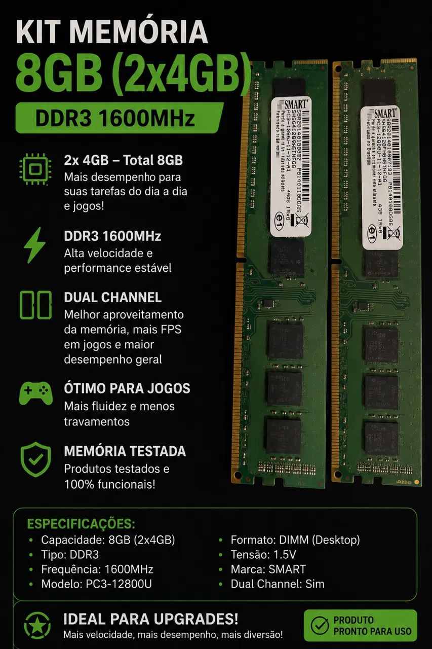Kit memória ram 2x4gb 8gb de ram dual channel - Memória RAM