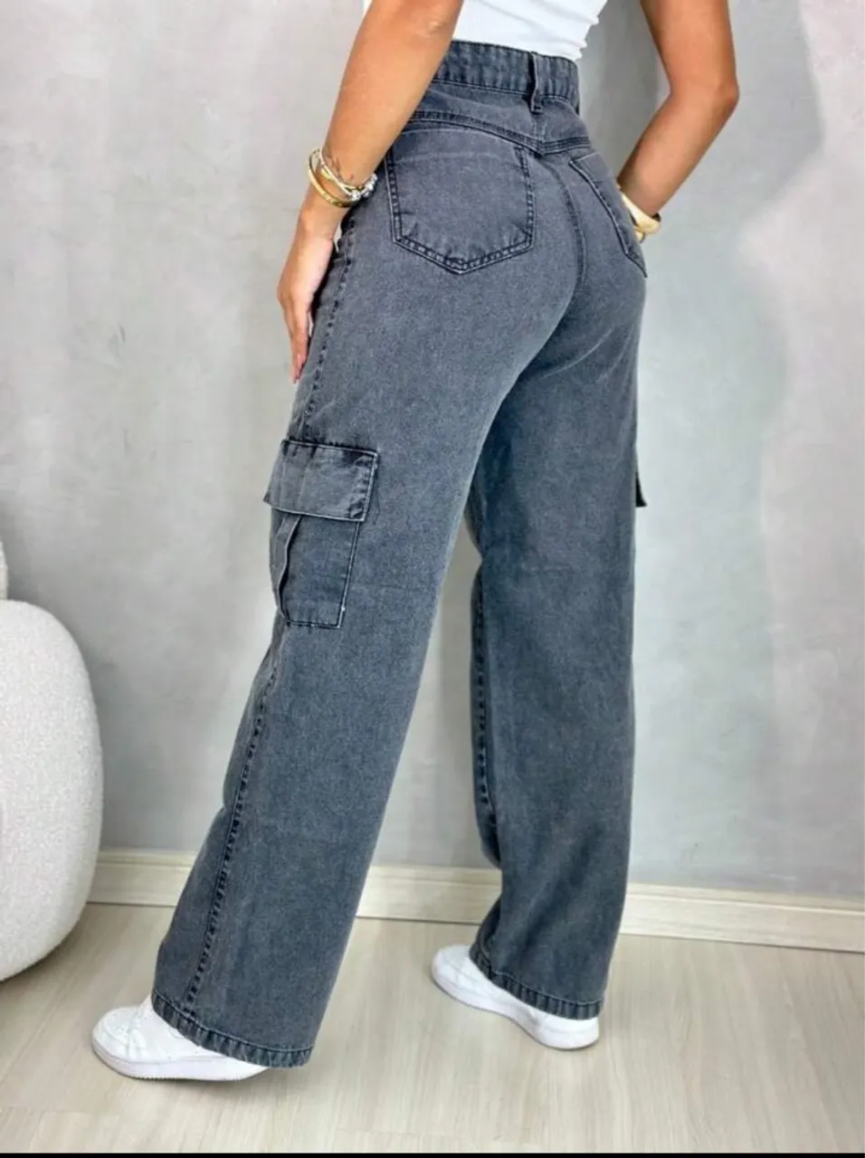 Calça Jeans Cargo Wide Leg Cinza