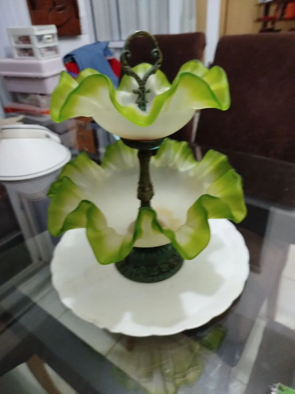 Fruteira  rara com estrutura em bronze vidro verde  - Foto 2