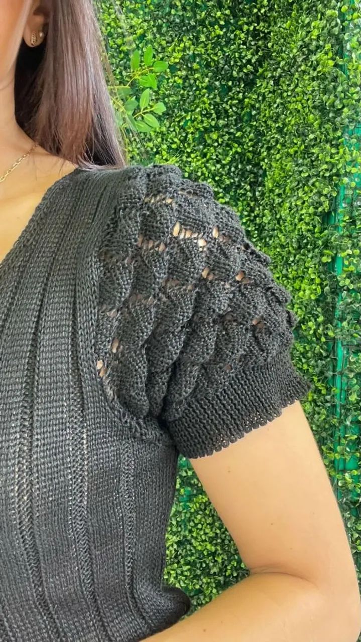 Blusa de tricot rosa com mangas bufantes - Foto 4