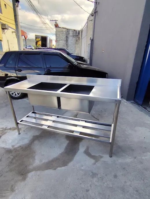 Pia Inox 1,80m Profissional - Com 2 bojos e prateleira