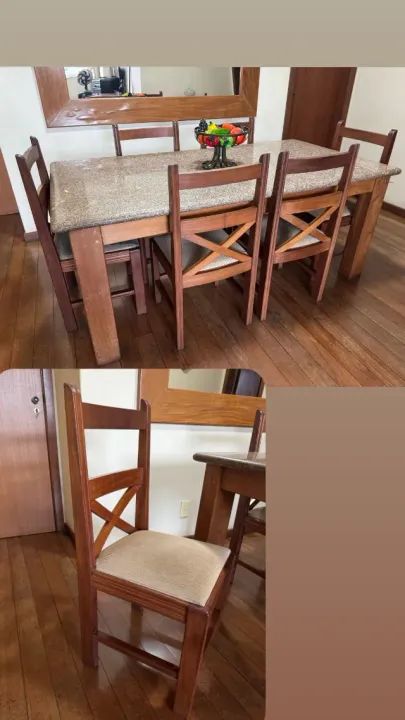 01 Mesa (1,90 x 0,98) e 06 Cadeiras em Madeira bruta Mogno com Granito