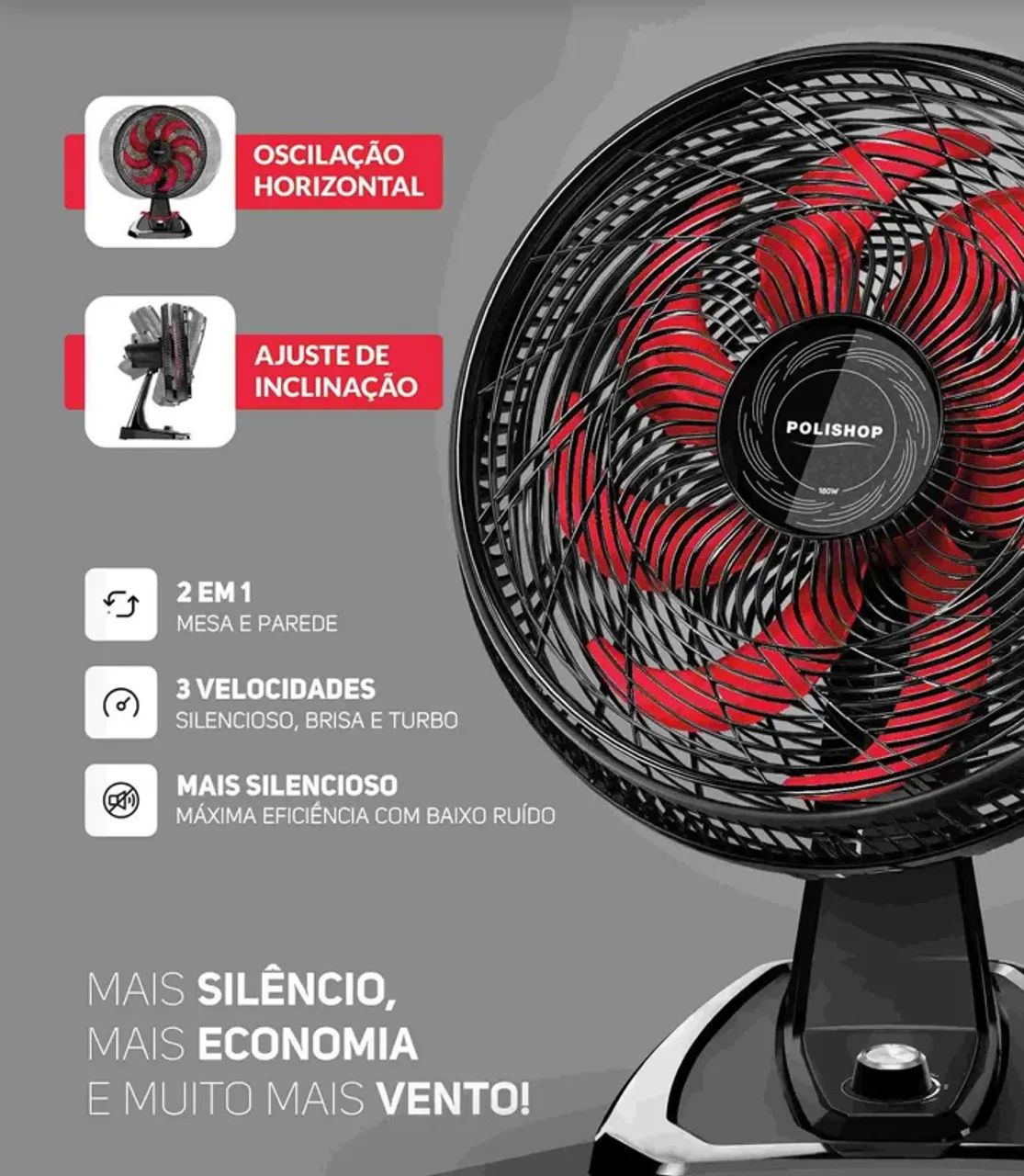 Ventilador 2 em 1 de mesa e parede Polishop 40cm Novo - Foto 3