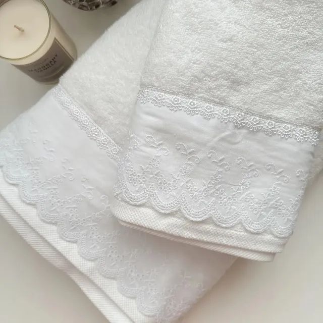 PROMOÇÃO! Jogo Kit Banhão E Rosto Bordado Inglês 100% ALGODÃO EGÍPCIO---2 Peças Branco - Foto 3