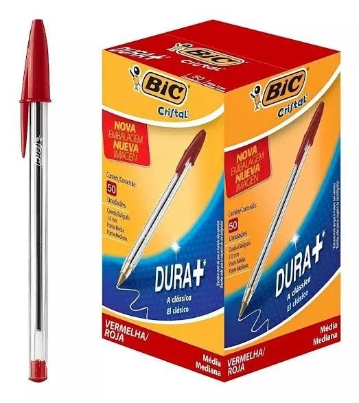 Caixa de caneta Bic Cristal vermelha com 50 unidades. Ponta média 1.0mm. Com Bolsa 