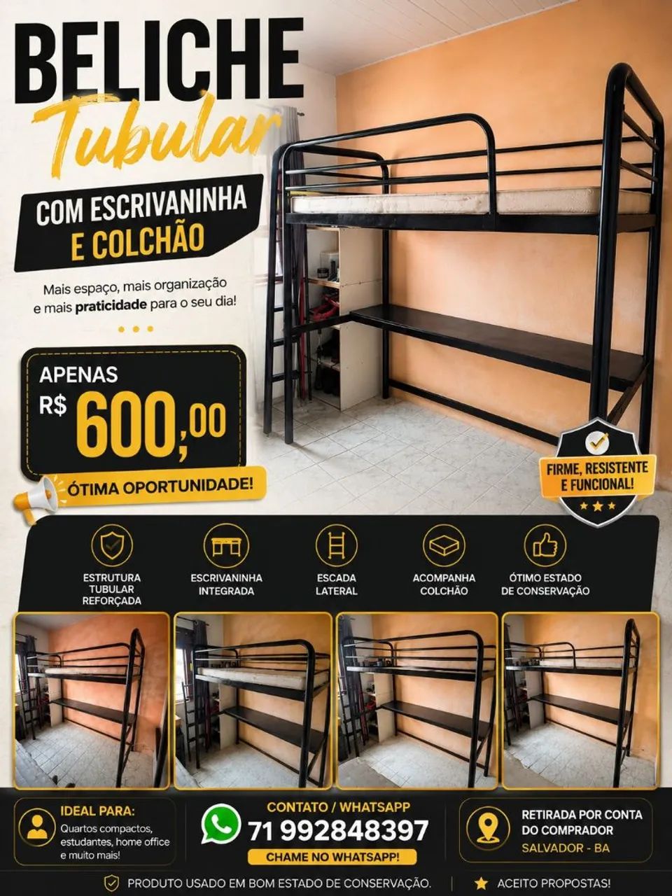 Beliche tubular com colchão 