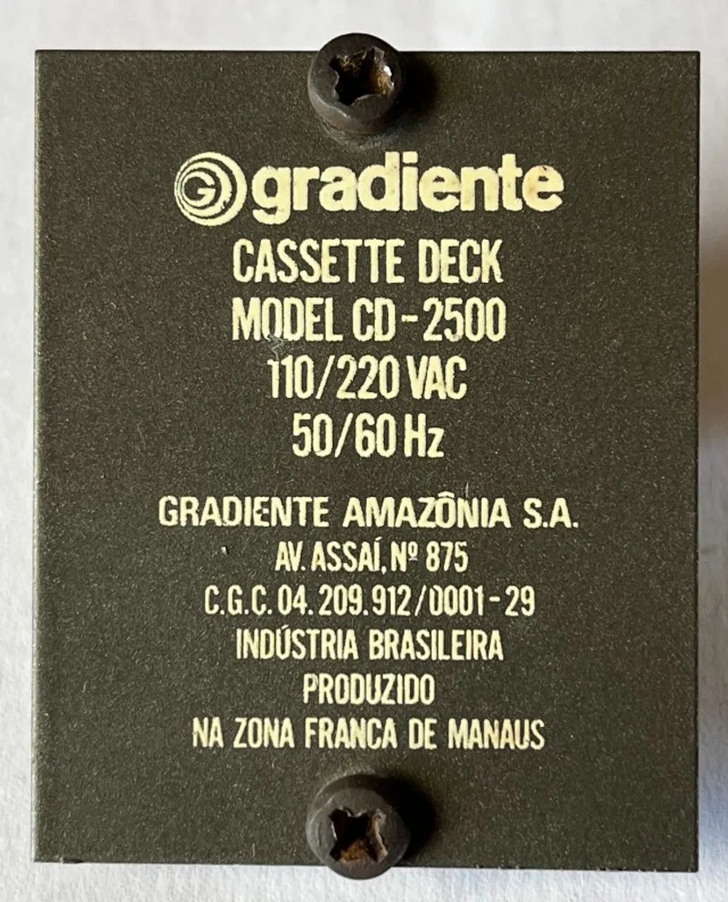 Tape Deck Gradiente CD-2500 - Placa de Identificação
