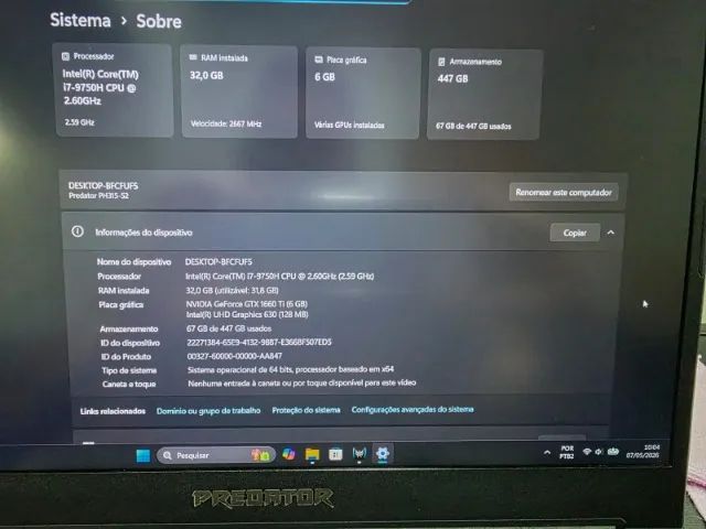 Notebook Gamer Acer Predator Core i7 Com 32 GB De Ram GTx 1660 Ti Com Caixa Manual e NF - Foto 5