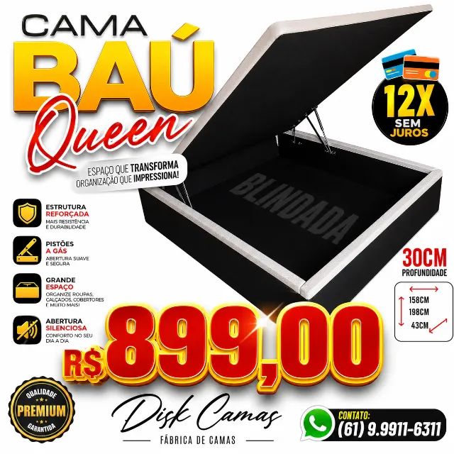 CAMA BAÚ QUEEN BLINDADA - MAIS ESPAÇO, CONFORTO E ORGANIZAÇÃO POR APENAS R$899,00!