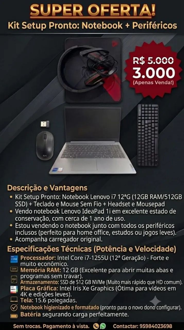 Notebook Lenovo i7 12ªG (12GB RAM/512GB SSD) + Mouse, Teclado sem fio, Mousepad e Headset