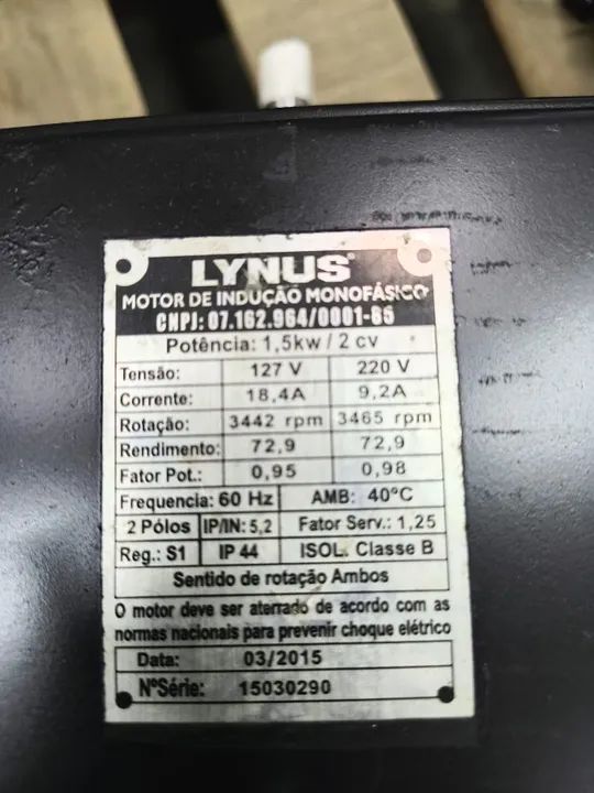 Motor Elétrico Lynus 2 CV 2 Polos Alta Rotação Monofásico Blindado Seminovo - Foto 4
