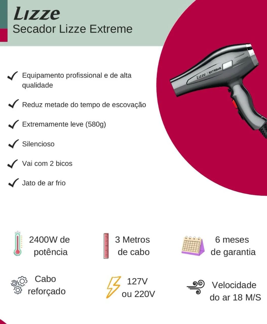 Secador de Cabelo Lizze Extreme 2400W  - Foto 2
