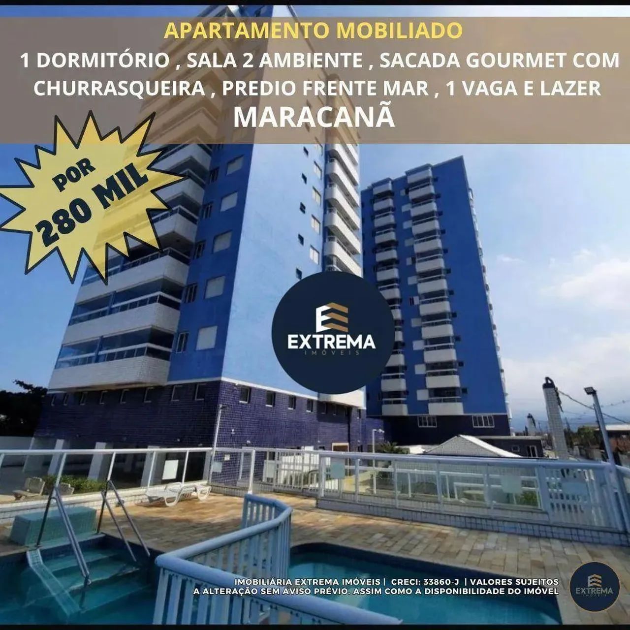 Apartamento Mobiliado Frente à Praia no Maracanã  1 Dormitório, Lazer Completo por R$ 280 