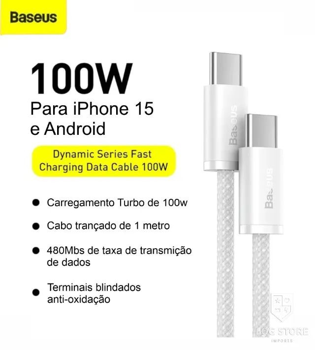 Cabo Baseus Tipo C PD 100W 20V/5A Quick Charge 1m Turbo Para Android MacBook iPhone 15/16