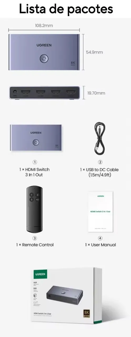 Switch HDMI 3x1 8K UGREEN