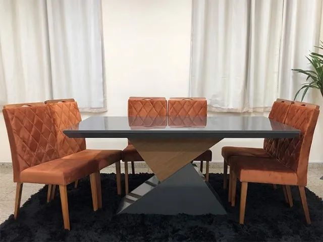 Mesa de Jantar com Tampo de Vidro + 8 Cadeiras Terracota