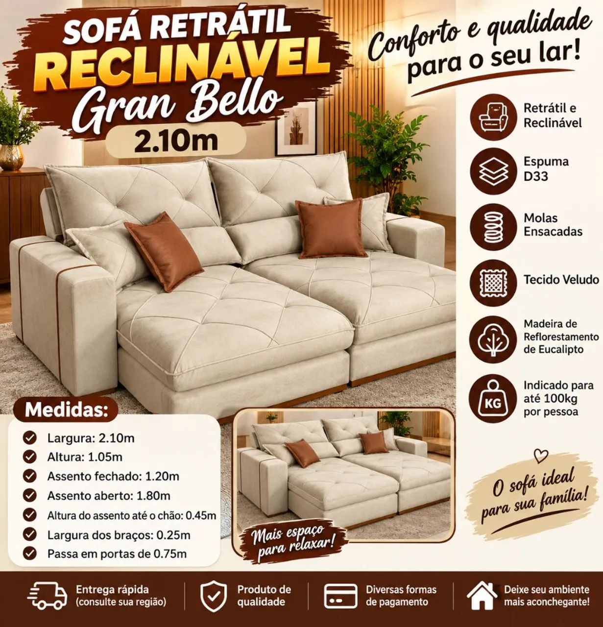 Sofá Retrátil e Reclinável Gran Bello 2.10