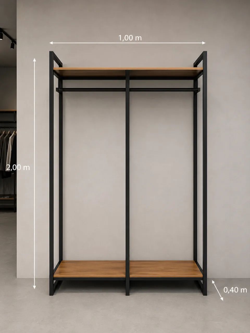 Arara Industrial 2 Andares com Prateleira - Loja de Roupas