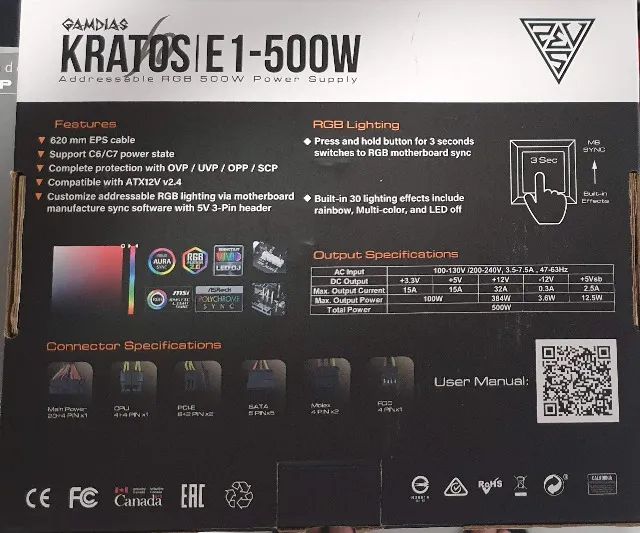 Fonte GAMDIAS Kratos E1, 500W, 110/220V Chaveada, LED RGB, Sem Cabo - Foto 4