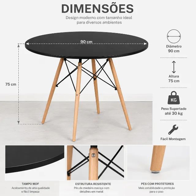 Mesa Redonda Moderna Preta Base Eiffel Charme E Funcionalidade 45112 - Foto 3