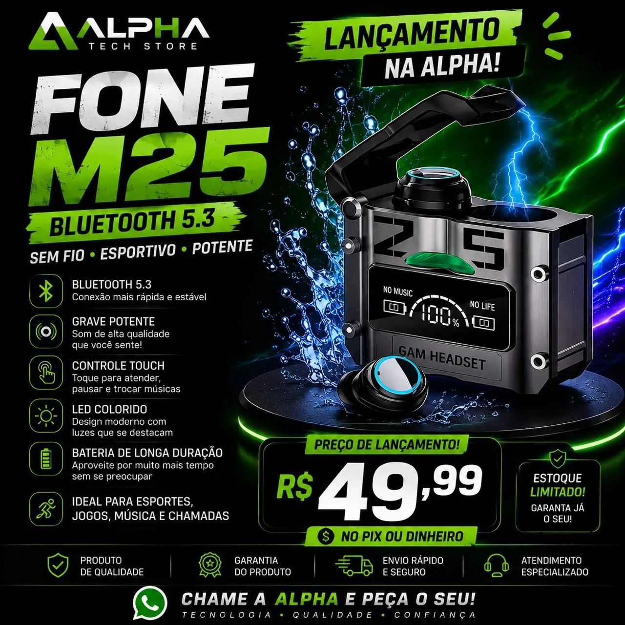 Fone de Ouvido Bluetooth M25 5.3