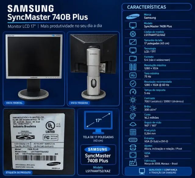 Monitor Samsung SyncMaster 740B Plus 17? VGA DVI com Ajuste de Altura