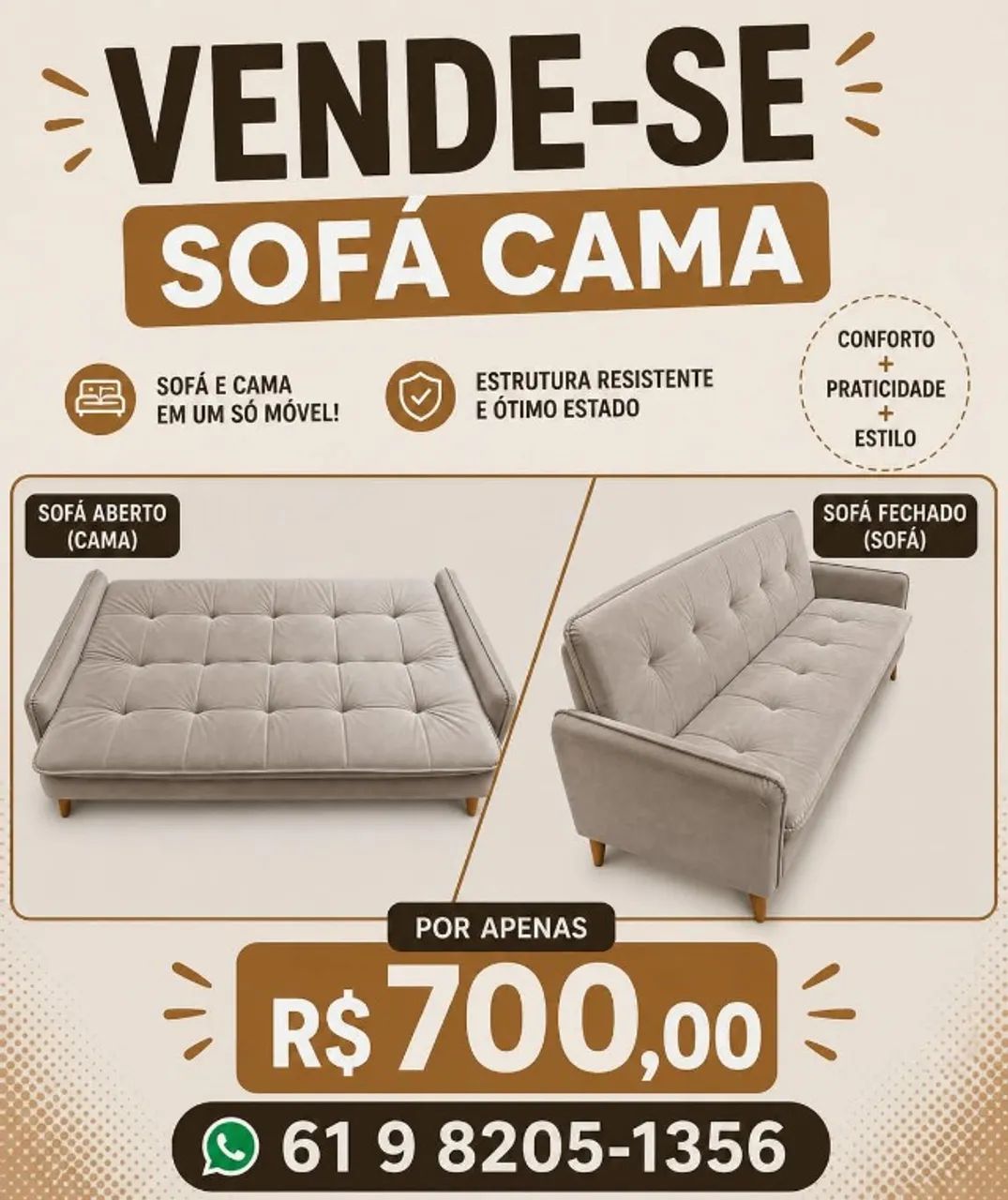Sofa cama estofado reclinavel 3 lugares