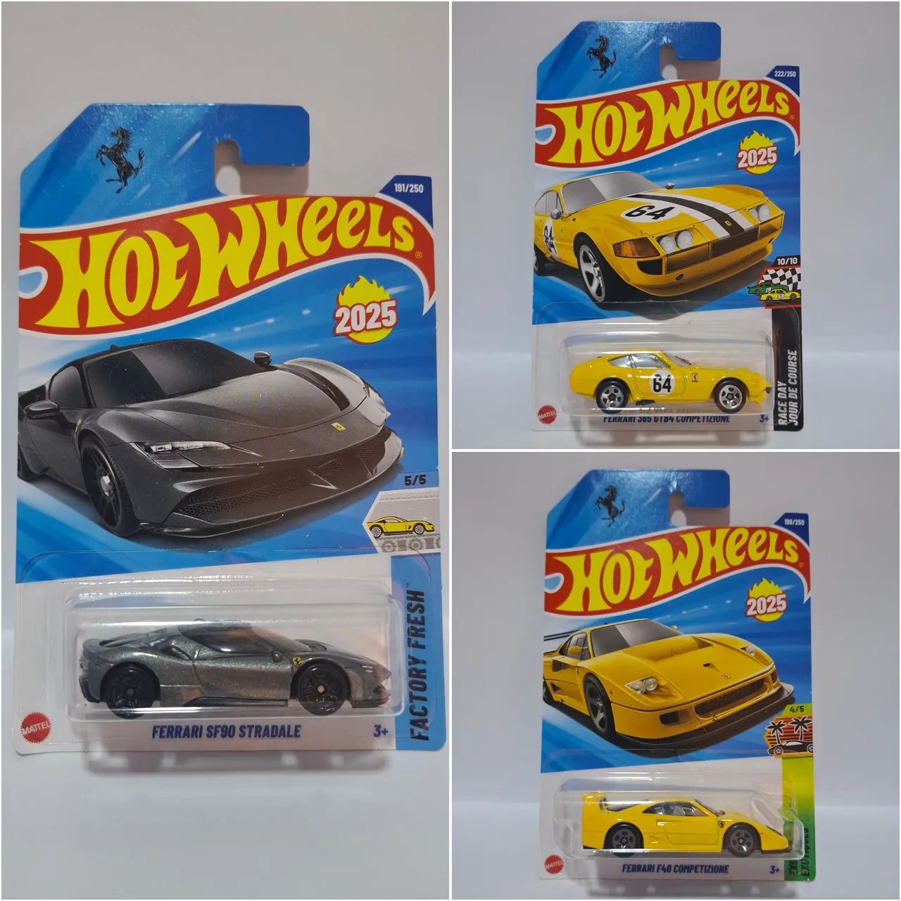 Kit 3 Hot wheels Ferrari F40 amarela, 365 amarela e SF90 Cinza