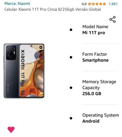 Celular Xiaomi 11T Pro Cinza 8/256gb Versão Global