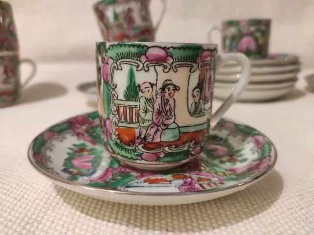 Conjunto de Café Chinês Pintado à Mão Porcelana Macau com 9 Peças - Foto 2
