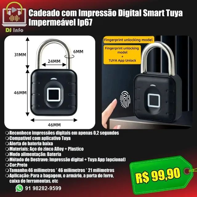 Cadeado com Impressão Digital Smart Tuya Impermeável IP67