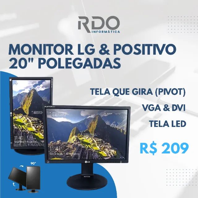 Monitor LG / Positivo 20" Pivot, VGA/DVI, Tela LED ? Ideal para home office / call center 