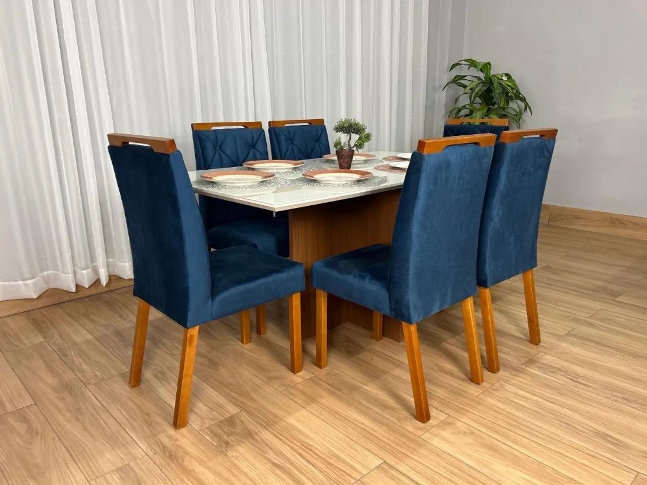 Mesa de Jantar 1.60×0.90 Com 6 Cadeiras Madeira Maciça 