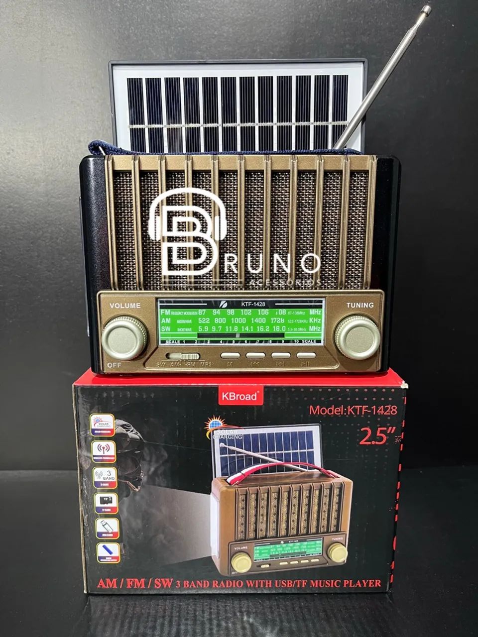 Rádio AM/FM/SW com Bluetooth, USB, TF e Painel Solar