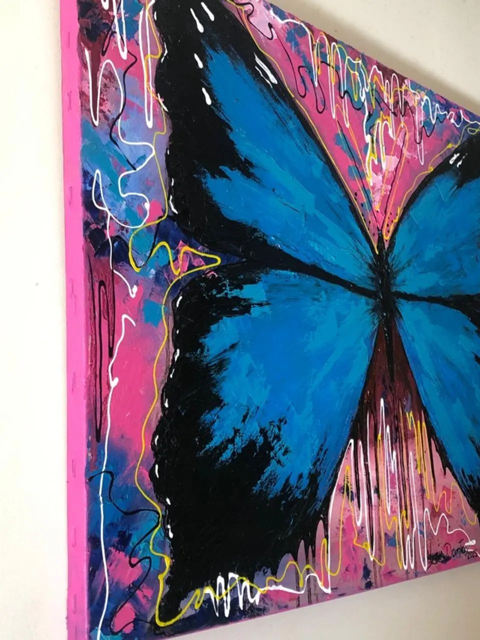 Lindo Quadro decorativo Borboleta azul óleo sobre tela espatulado sem chassi sem moldura - Foto 2